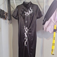 Women  s Black Qipao Cheongsam White Dragon Embroidery Mandarin Collar, M