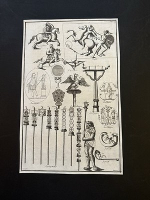 Antike Gravur römische Normen & militärische Embleme 18. Jahrhundert
