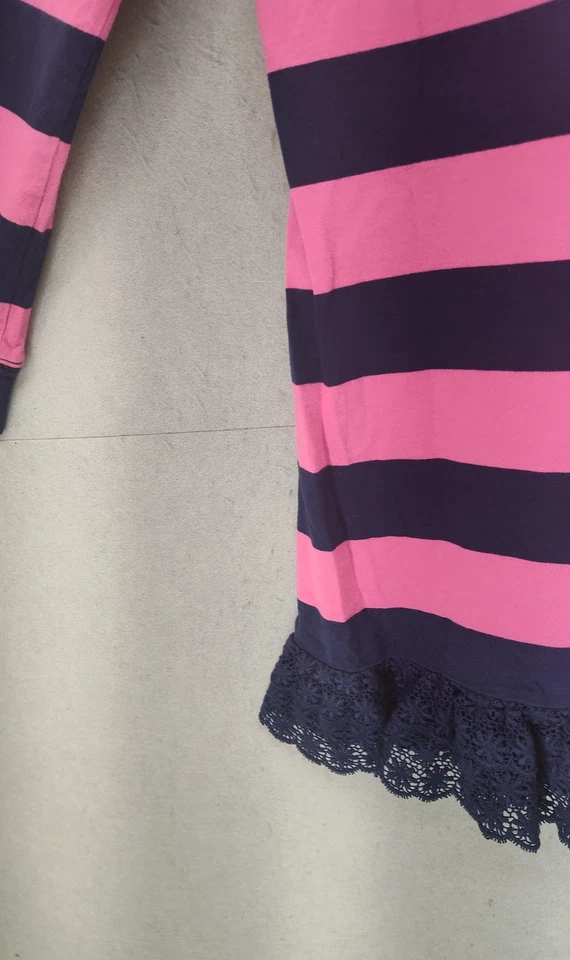Vestido Ralph Lauren Niñas XL 16 Rosa Azul Marino Rayas Manga Larga Encaje Dobladillo Rugby Polo Foto 4 de 4