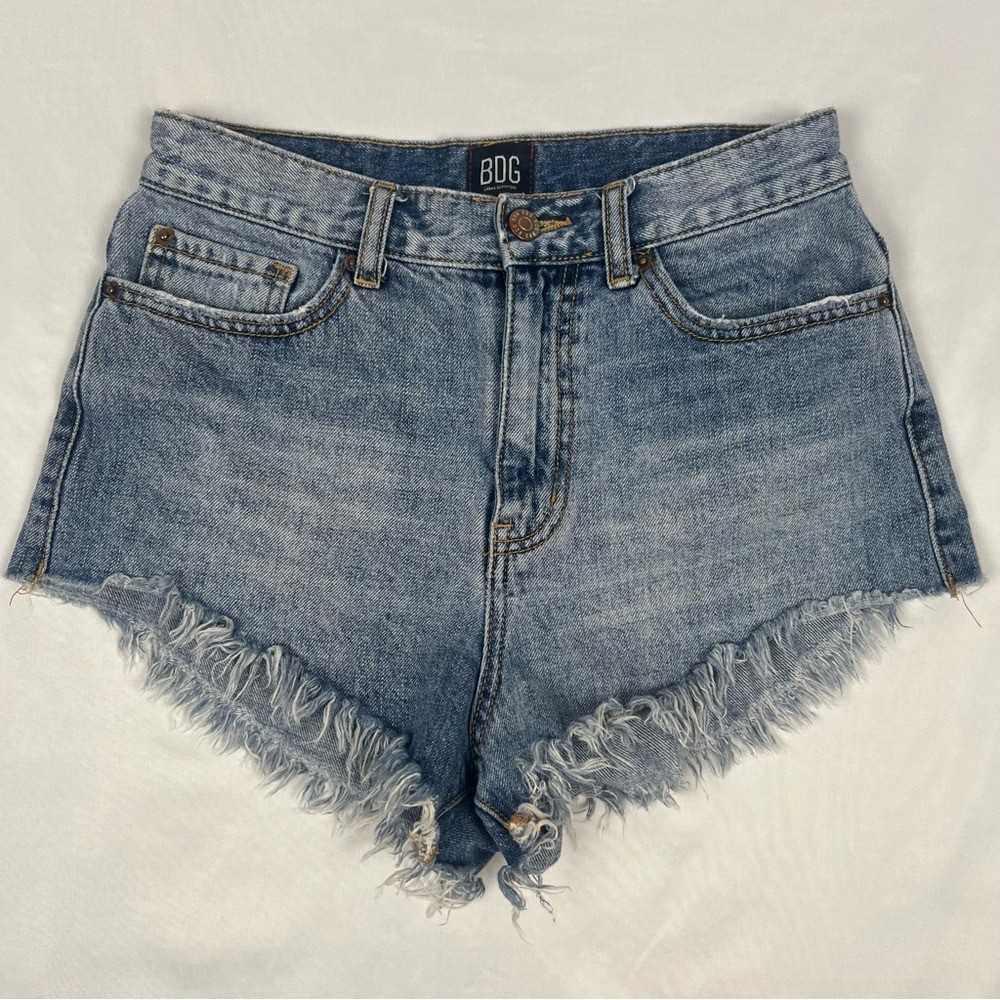 BDG Urban Outfitters High-Rise Cheeky Denim Shorts Light Wash Frayed Size 26