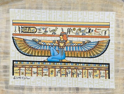 Handmade Egyptian Papyrus Painting Winged Isis Protective Deities 17x12 Art