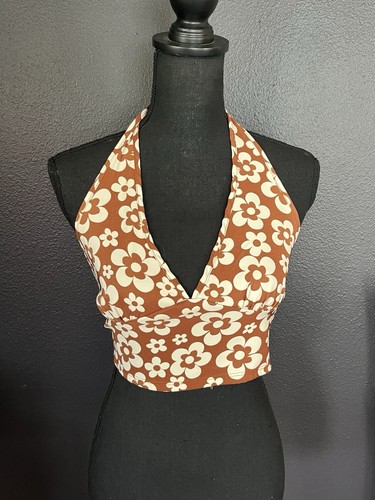Altar'd State Floral Brown Halter Crop Top Size Large Boho Festival Country Chic - Picture 1 of 11