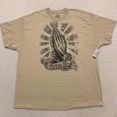 DOM Praying Hands Bless Us Graphic T-Shirt Mens 2XL XXL Crewneck Beige Tan NWT!