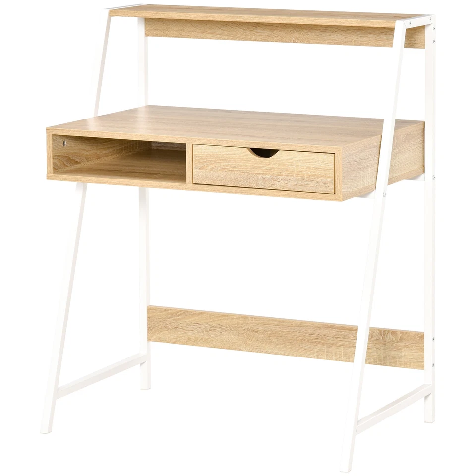 Escritorio de computadora para espacio pequeño con cajón, estantes de almacenamiento, natural Foto 4 de 4