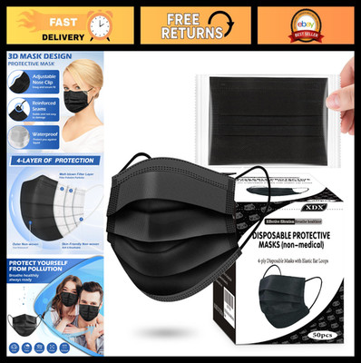 50 Pack Black Disposable Face Masks - 4 Layer Individually Wrapped, Breathable U
