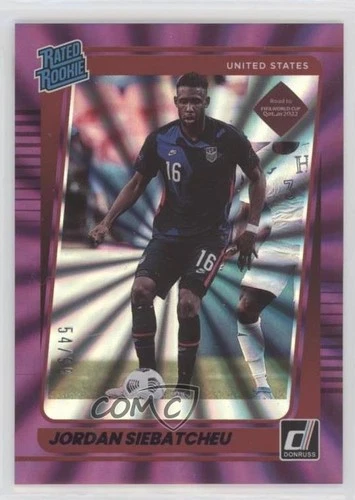 2021-22 Donruss Road to Qatar Holo Purple Laser /99 Jordan Siebatcheu Rookie RC