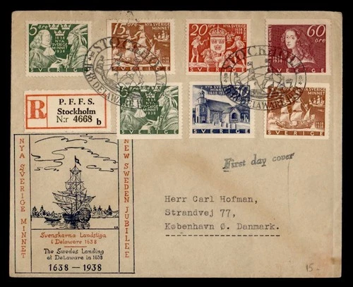 DR WHO 1938 SWEDEN FDC DELEWARE LANDING ANIV COIL COMBO M74695