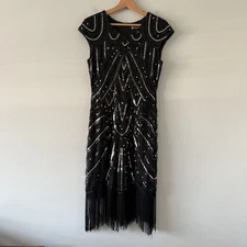 Sequined Beaded Fringed Flapper Evening Cocktail Old Money Midi Dress Sz S Black