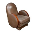 Art Deco Style Brown Leather and Walnut Arm Chair
