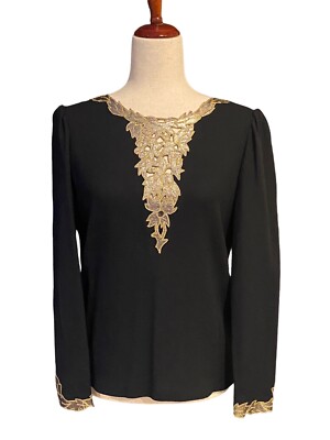 Vintage Christian Dior Women s 4 Button Back Blouse Black Gold Appliqué