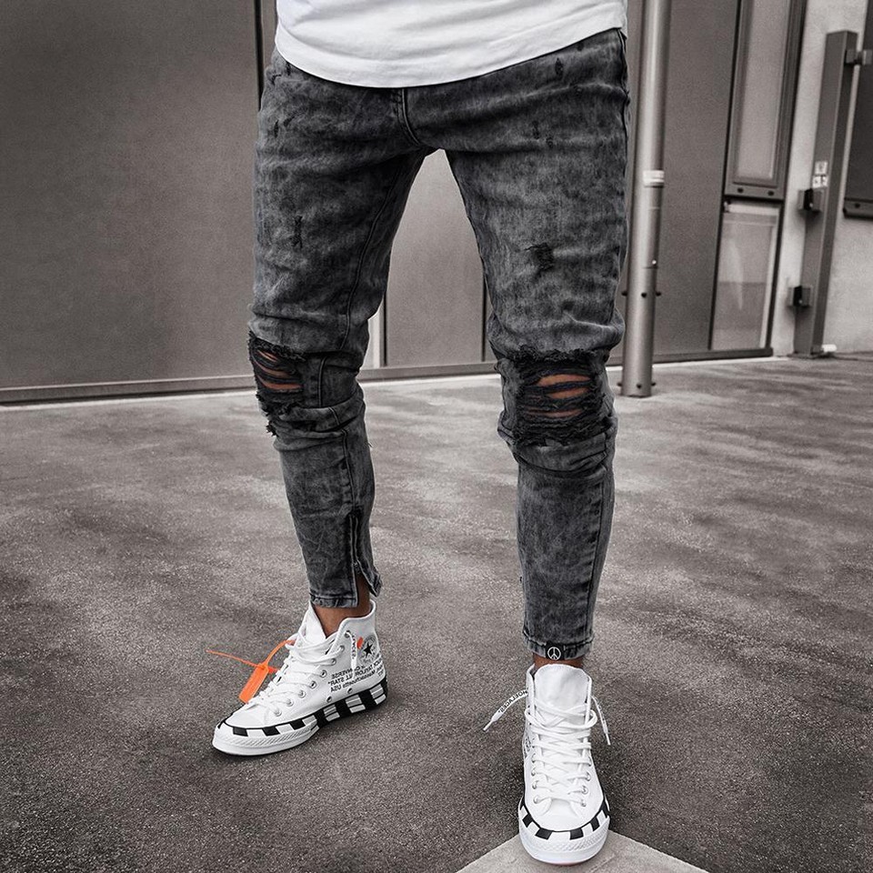 Men Retro Snow Wash Distressed Stretch Ripped Biker Jeans Hip Hop Slim
