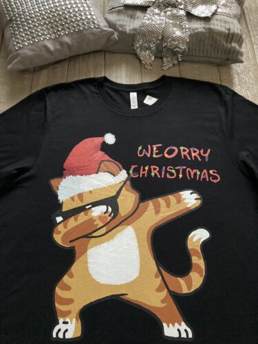 BELLA CANVAS Christmas CAT T Shirt XL Black Fun Humour Festive Santa DAB Tee Top - Picture 1 of 8