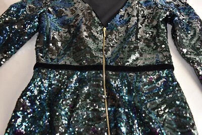 Marchesa Notte Sequin Tea-Length Cocktail Dress w/ Velvet Trim Peacock