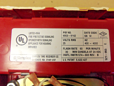 SIMPLEX 4903-9142 HORIZONTAL MOUNTED AUDIBLE HORN & VISIBLE STROBE