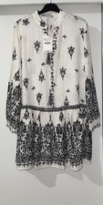 ZARA WHITE PRINTED SLOT COLLAR RUSTIC SHORT TUNIC DRESS WITH TASSELS SIZE M BNWT