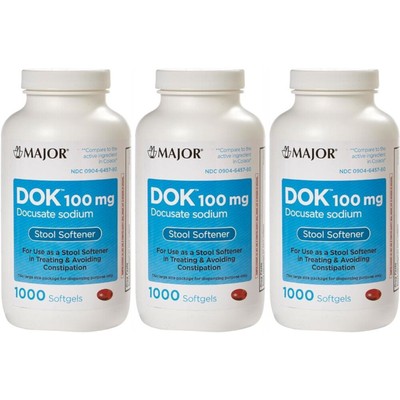 3 Pack Major Dok 100Mg Docusate Sodium Comp To Colace 1000 Softgels Each