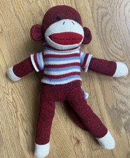 DanDee Sock Monkey Red White w/ Striped Shirt Plush 18" Tall Stuffed Animal READ