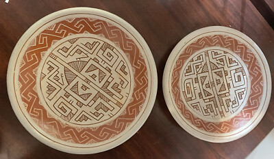Vintage Set Of Two Handmade Moroccan Flat Hanging Wall Plates Terracotta