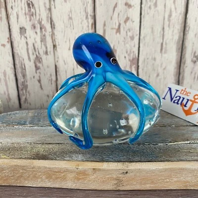 UNMARKED Glass Octopus On Ball Figurine - 2.25 lbs. - Blue & Aqua - Hand Blown Tropical