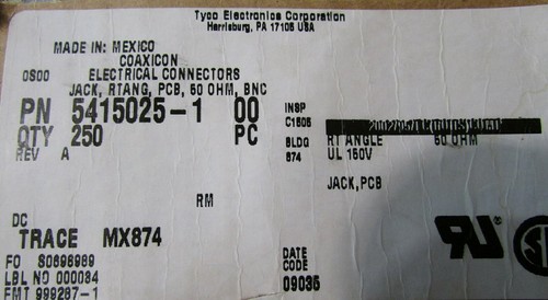 2 Tyco Amp BNC Connector Jacks, Female Socket 50 Ohm PCB Mount, Thru Hole Angle - Picture 12 of 12