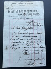 VINTAGE RECEIPT J GOODFELLOW BOOT SHOE MAKER WYNDHAM ST SHEPPARTON 1890