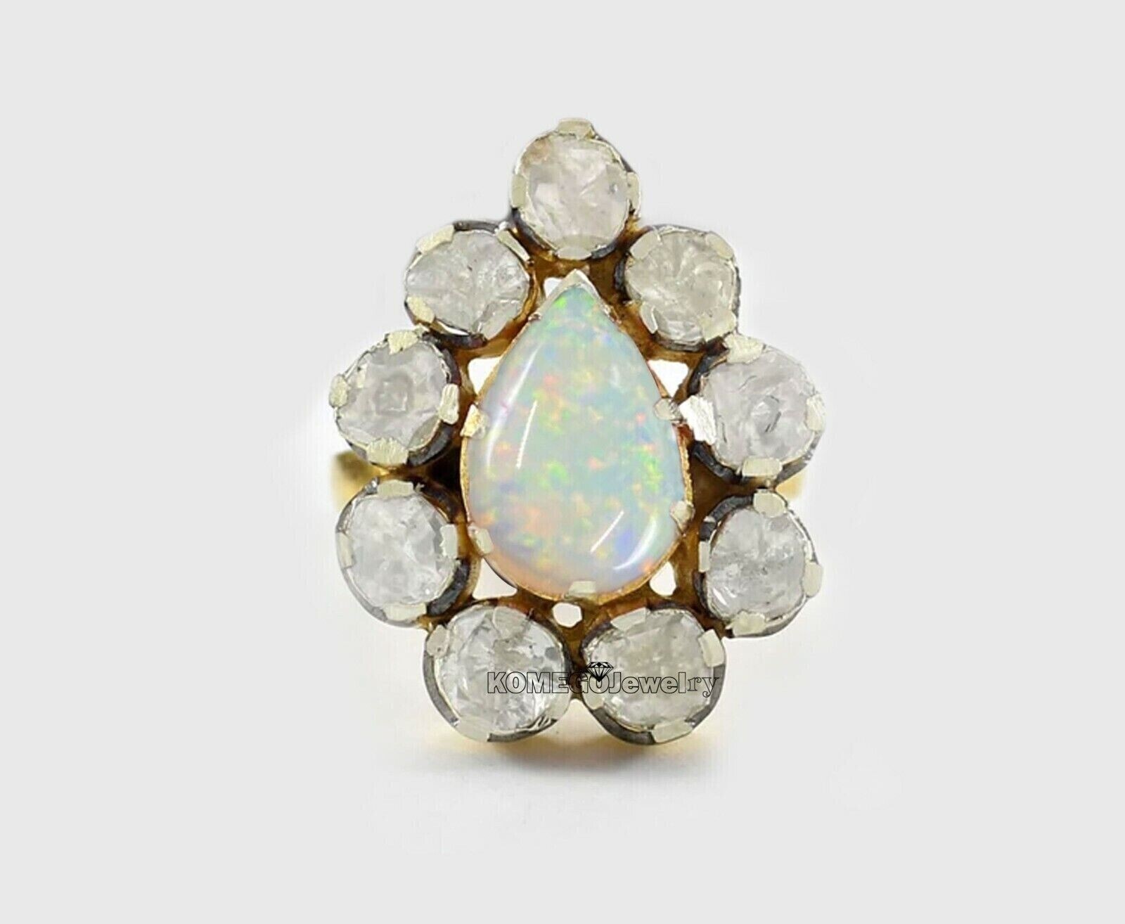 Opal Ring with Natural Polki Diamonds - Victorian Style Engagement Ring Jewelry