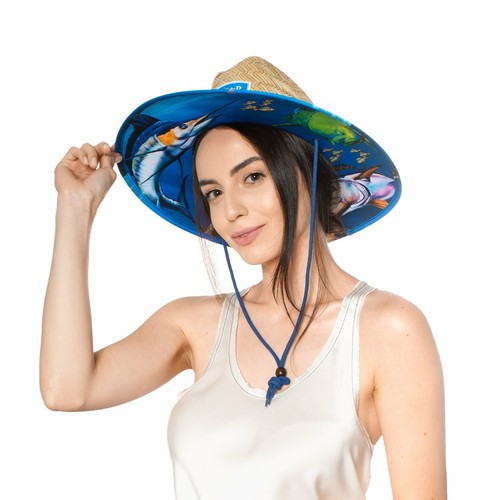 Cappello da sole uomo e donna in paglia con stampa motivo Fish Shoaling in tessuto, cappello bagnino... - Foto 4 di 5