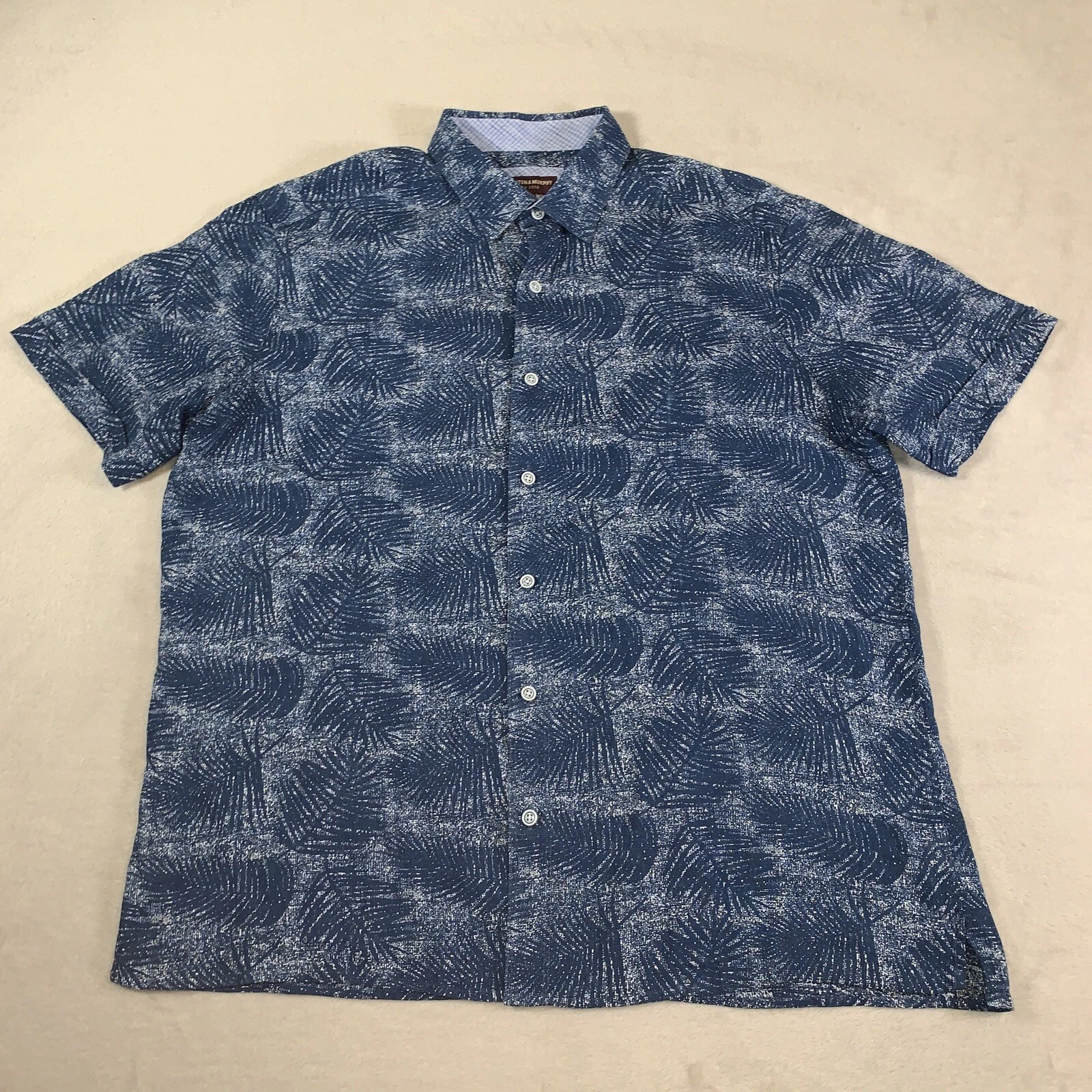 Johnston & Murphy Shirt Mens Large Blue 100% Linen Floral Molokai Cuffed Sleeves