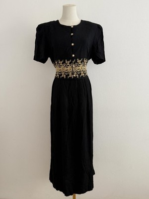Perwinkle Vintage Maxikleid Schwarz Gold Stickerei Boho Elegant 90s Gr. M