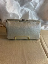 Vintage Shimmering Silver Metallic Evening Clutch Bag with Floral Clasp