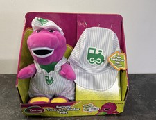 Rare NEW Fisher Price Barney Train Conductor 12  Plush Purple Dinosaur With Hat