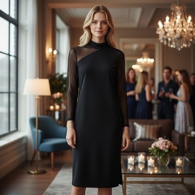 DKNY Black Mock Neck Asymmetrical Mesh Long Sleeve Midi Sheath Dress Formal M