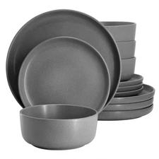 12 Piece Reactive Stoneware Dinnerware Dinner Set Plates Bowls Services 4 Gray