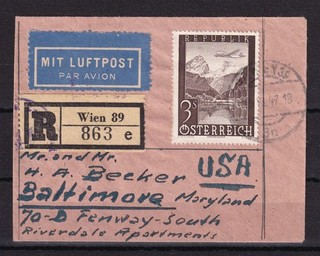 ANK 823 auf Luftpost REKO Minibrief von WIEN nach BALTIMORE