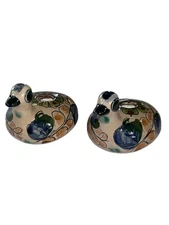 Vintage Tonala Mexican Pottery Ducks 3.25” Figural Bud Vase Signed Set Of 2
