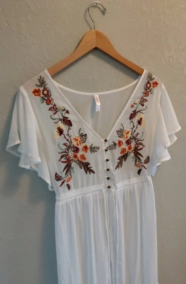 Top Boho Floral Bordado Blanco Transparente Maxi Largo Mujer Talla Mediana Festival Foto 4 de 4