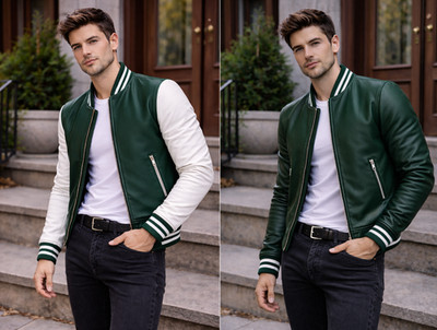 Men s Real Sheepskin Leather Varsity Jacket Green Bomber Baseball Biker Style