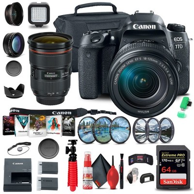 Canon EOS 77D DSLR Camera with 18-135mm USM Lens (1892C002) + EF 24-70mm + More