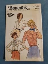 Vintage 1970s Butterick 4042 Convertible Button-up shirt Size 14 Factory Fold
