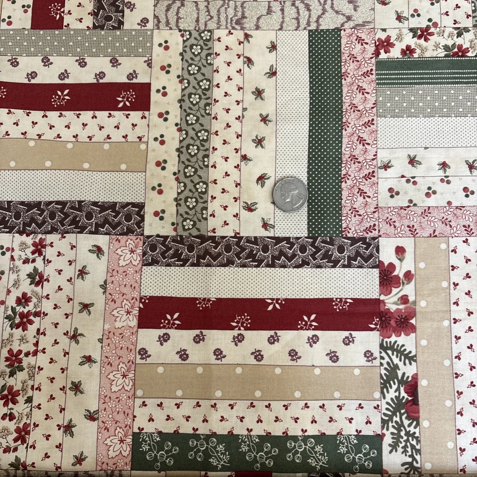 Mistletoe Manor By Moda 100% Cotton Quilting Fabric 1 Yard Cream Red Stripes - Image 2 of 4