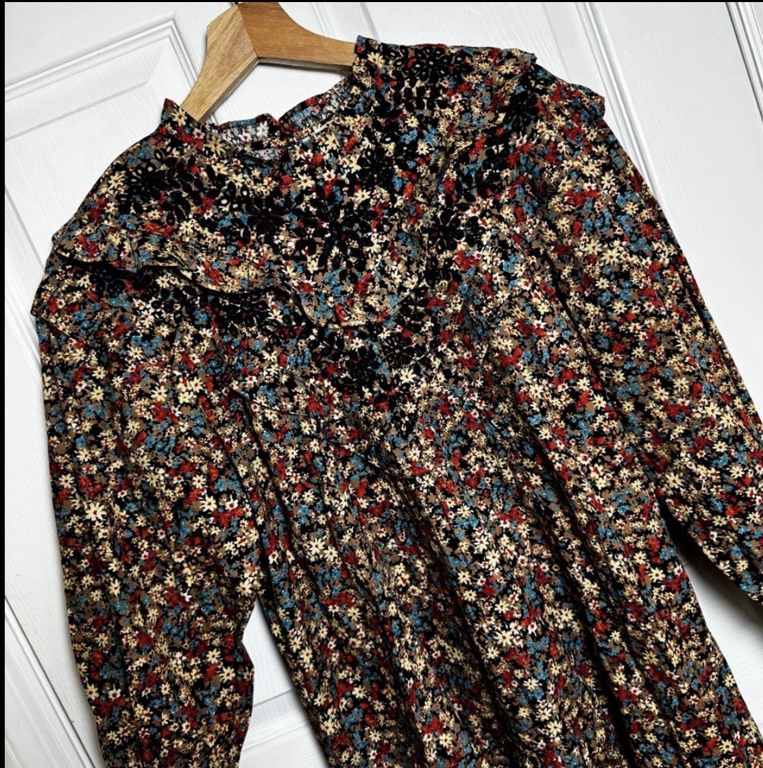 Mango Embroidered Floral Dress Boho Cottagecore Long Sleeve Ruffle Neck S NWT thumbnail 6