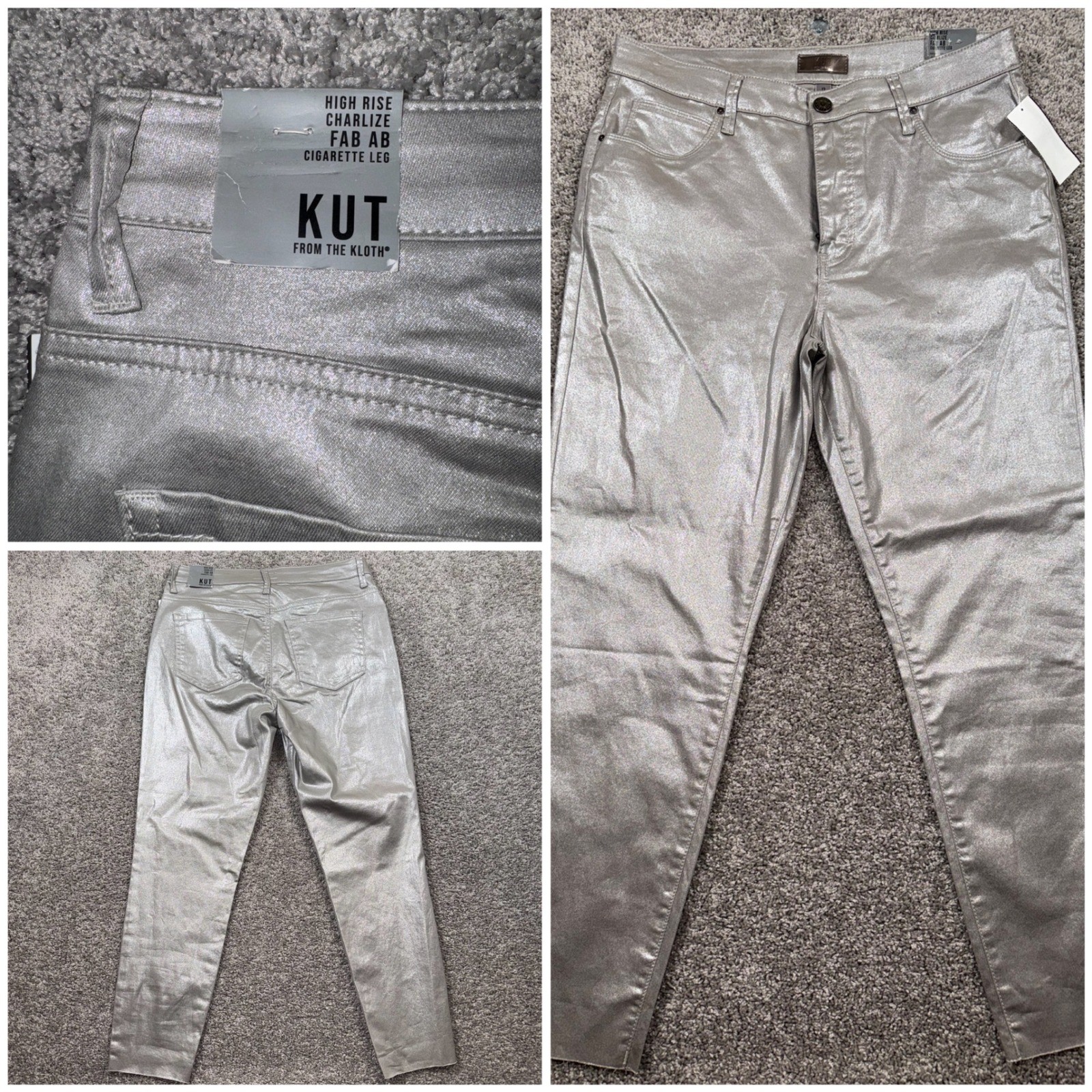 Kut from the Kloth Charlize Fab Ab Cigarette Leg Jeans Sz 12 Silver Metallic NEW