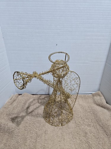 Vtg Gold Wire Angel and Trumpet Christmas Tree Topper Centerpiece Large 17" Tall