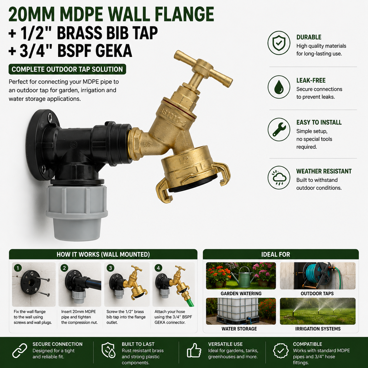 Wall Flange Compression Kit 20 mm with Brass Bib Tap and 3/4 "" GEKA Outlet Fitt