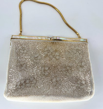Vintage Beaded Evening Bag Ivory Pearl Floral Clutch Gold Handle