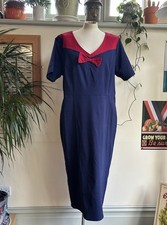 Collectif Margaret Check Navy Bow Pencil Dress Rockabilly Size 22