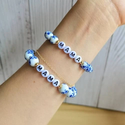 Pulseira de porcelana azul e branca para mamãe B- mamãe azul 10mm - coração de amor vermelho - Imagem 3 de 4