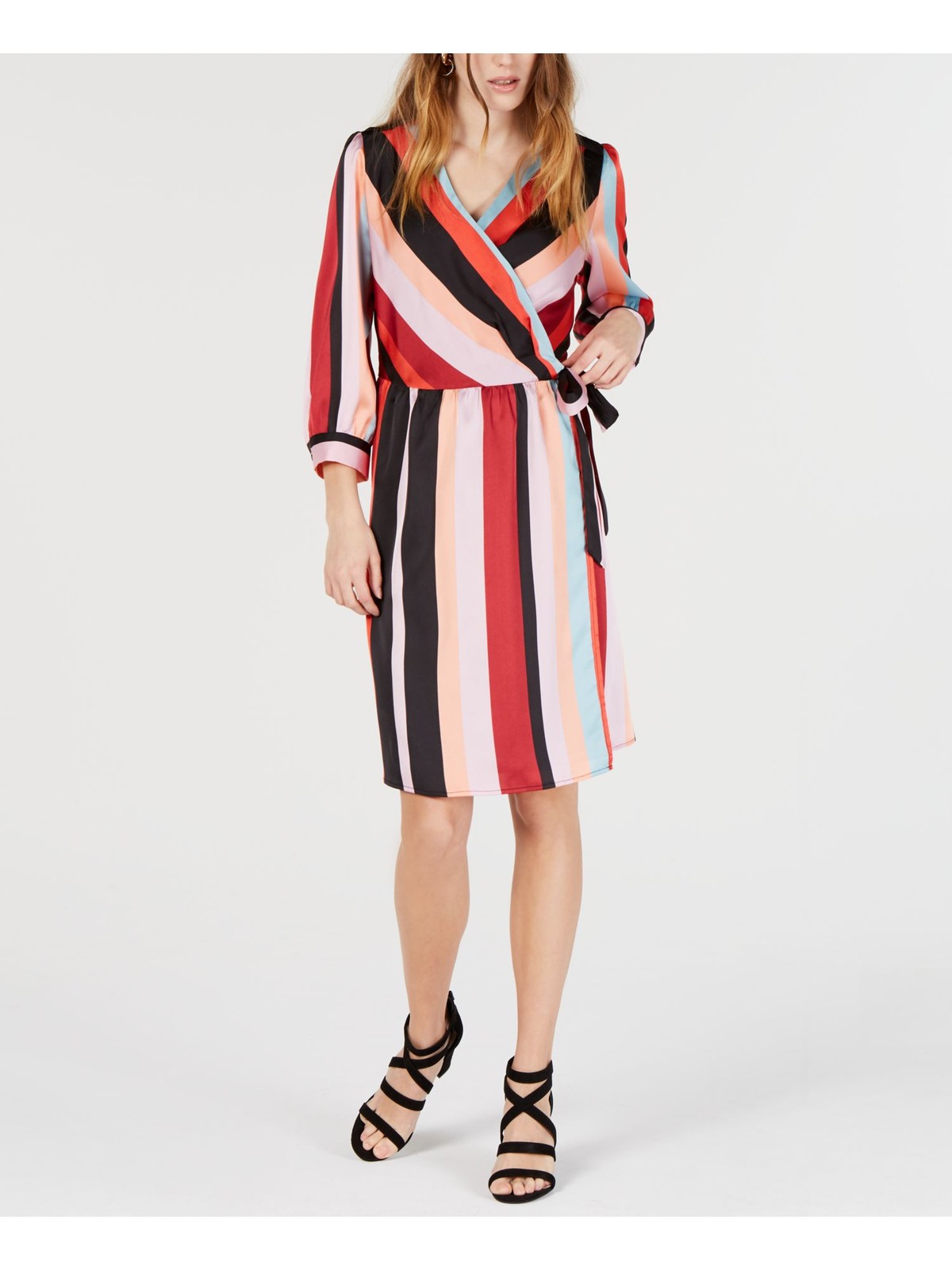 BAR III Womens Black Belted Striped V Neck Knee Length Party Wrap Dress S