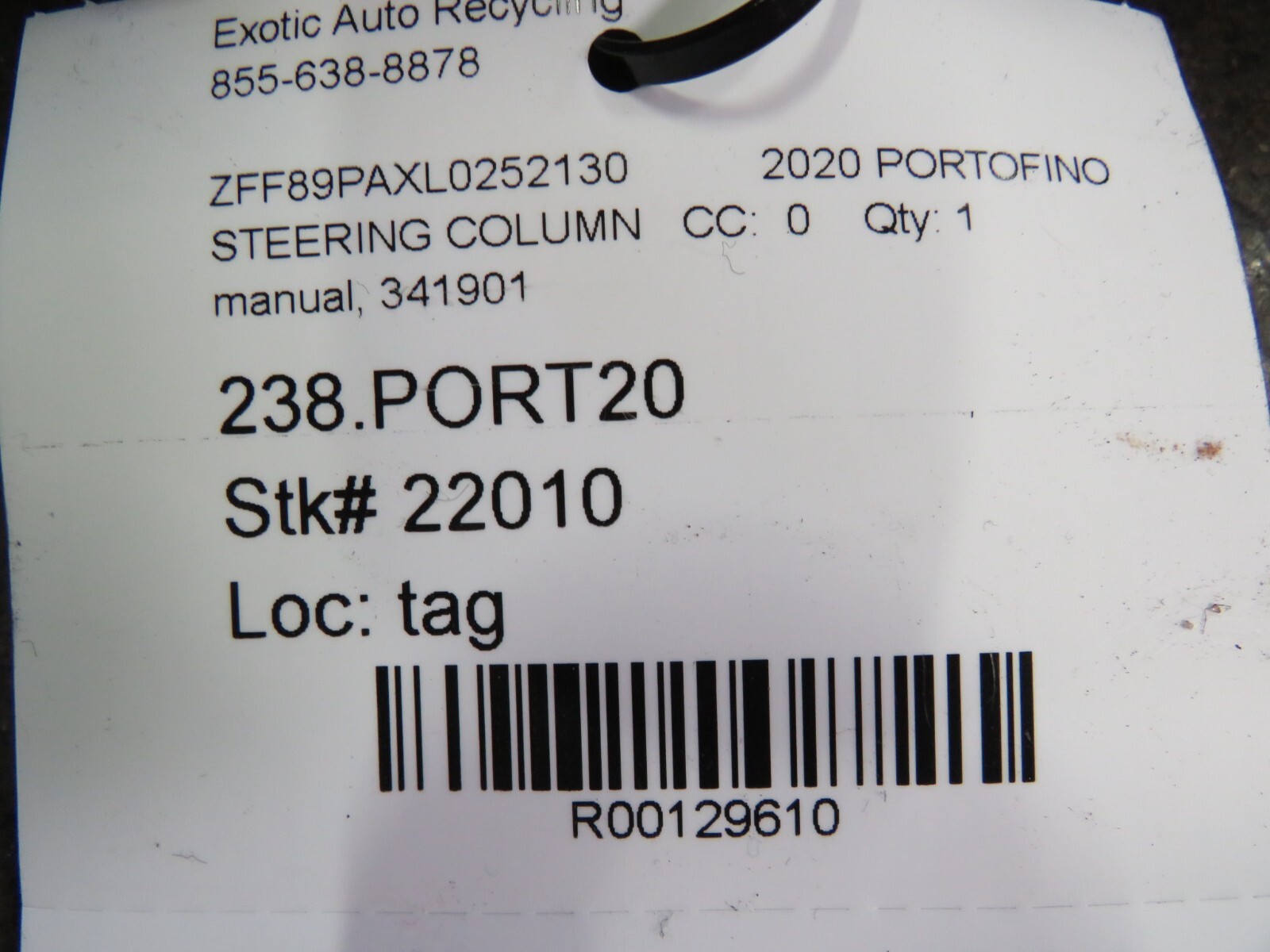 Ferrari Portofino, Manual Steering Column, Used, P/N 341901