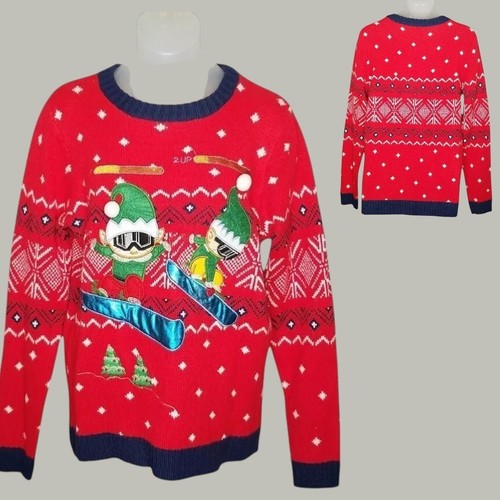 Christmas Sweater Kid's Unisex Size L (10-12) Elves Snowboarding Holiday Time - Picture 5 of 5